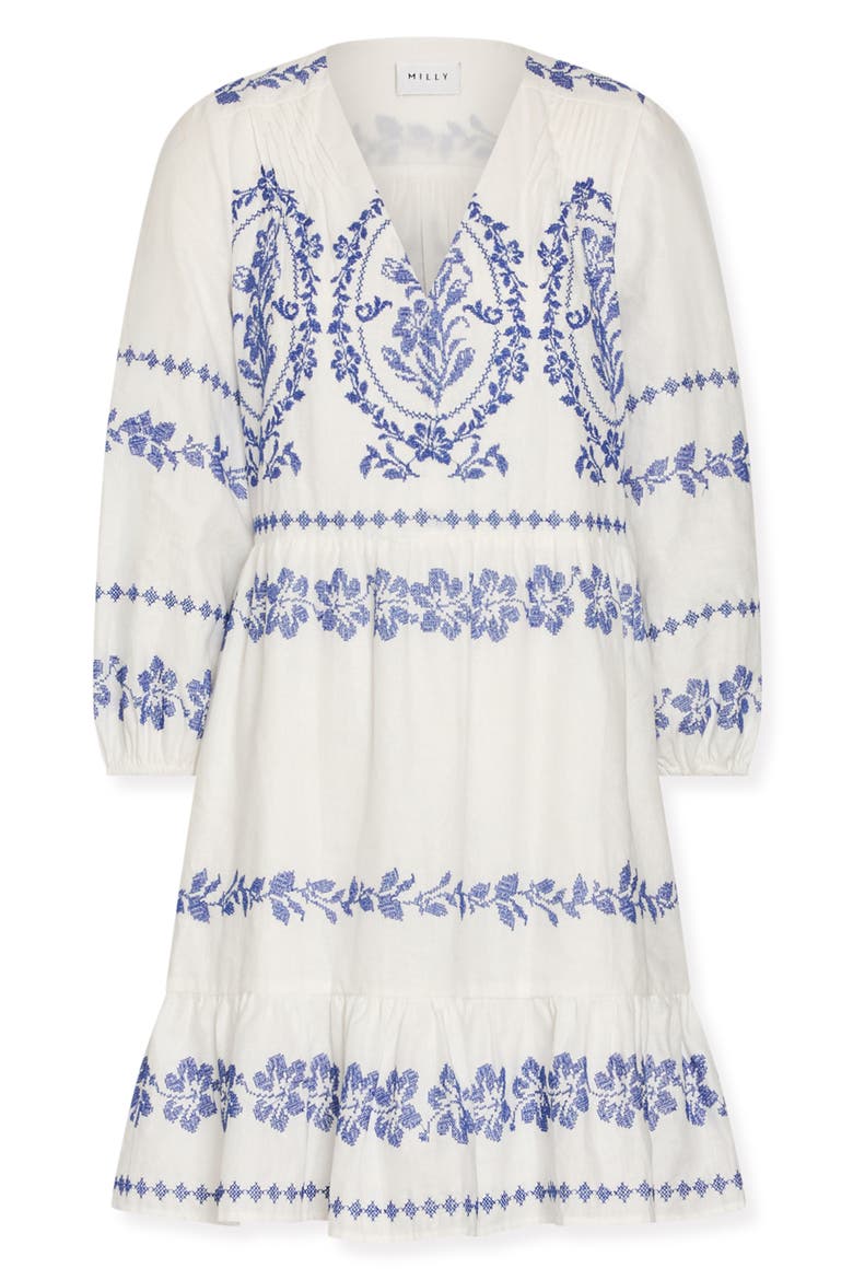 Lene Embroidered Linen & Cotton Minidress, Alternate, color, WHITE/ BLUE