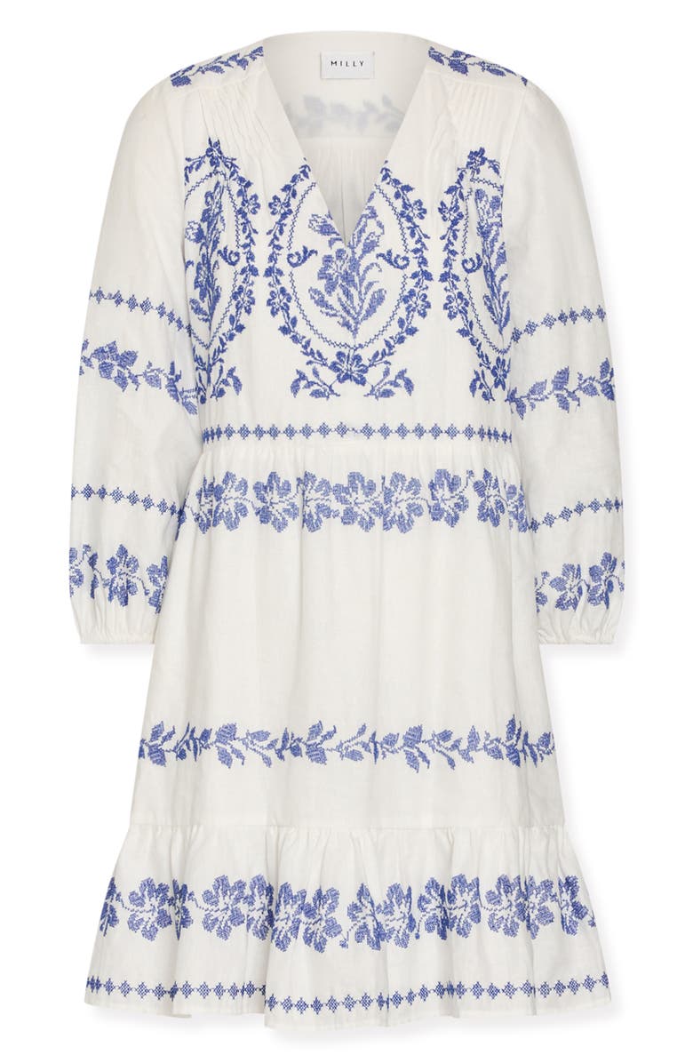 Milly Lene Embroidered Linen & Cotton Minidress, Alternate, color, White/ Blue