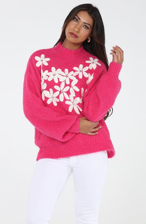 Rain And Rose Rhinestone Embellished Floral Turtleneck Sweater In Pink