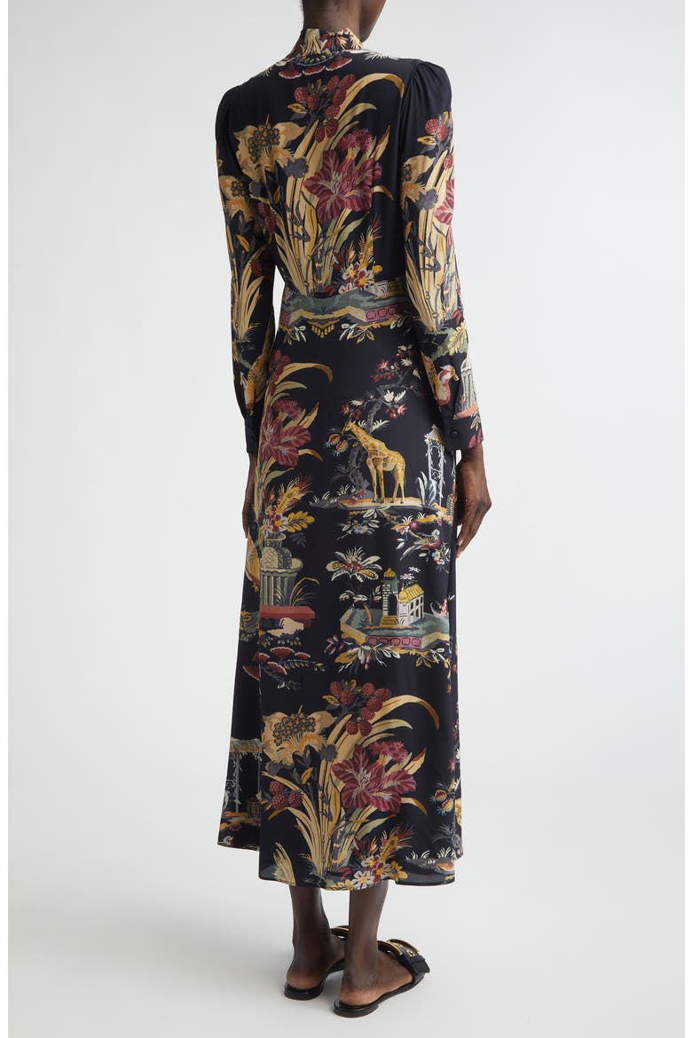 Placed Flower & Animal Print Tie Neck Long Sleeve Dress, Alternate, color, BLACK