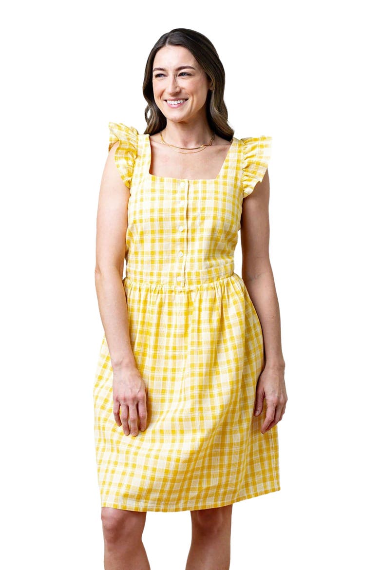 Womens' Flutter Sleeve Sun Dress, Main, color, Yellow Plaid Linen