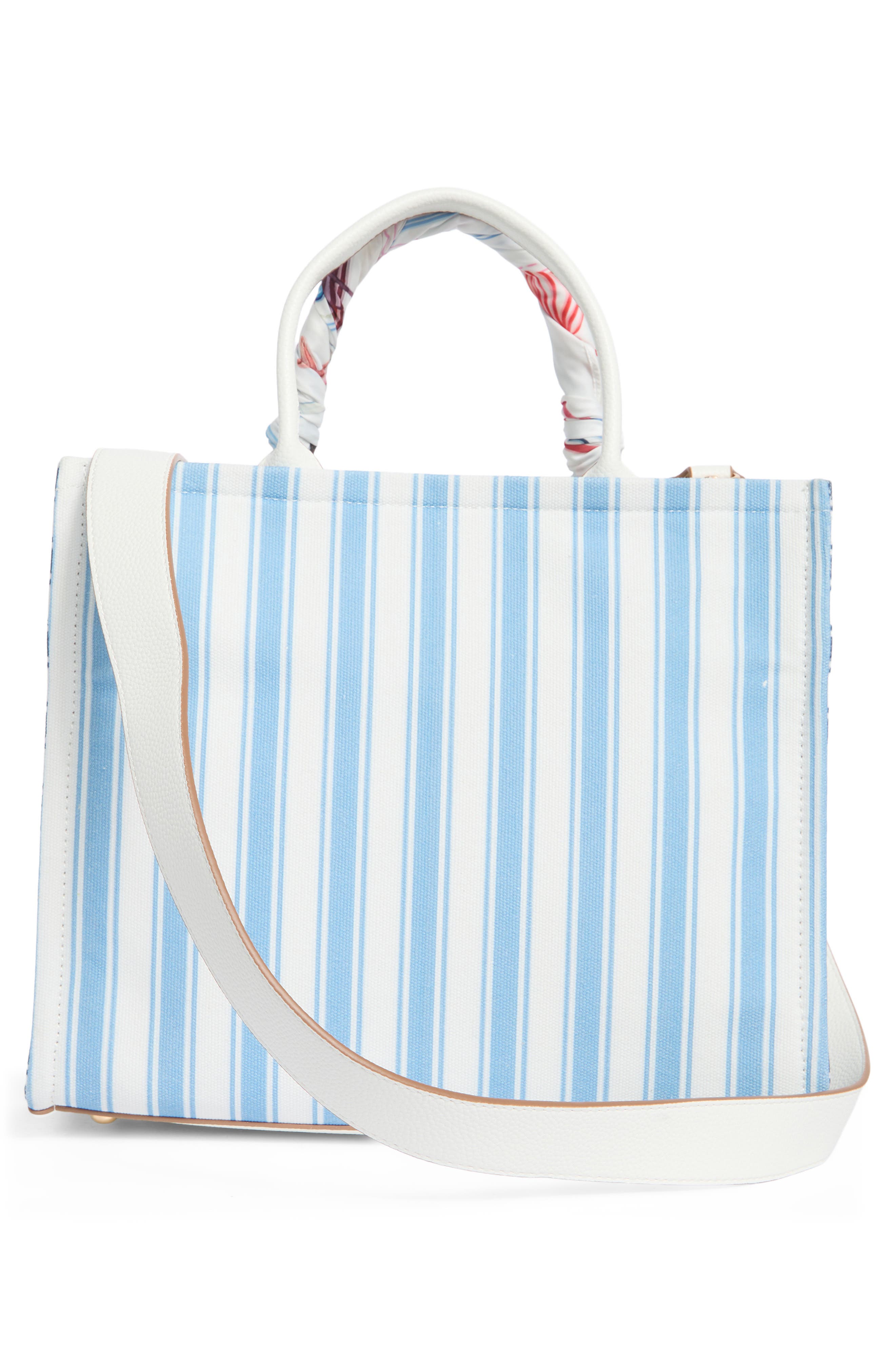 Nanette Lepore Printed Canvas Square Tote Bag, Alternate, color, Blue Multi Stripe/ Chalk
