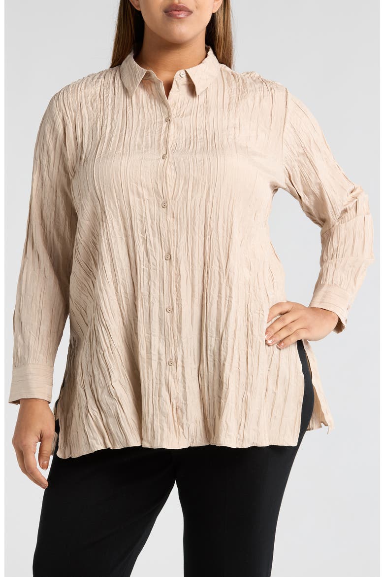 Classic Collar Pleated Longline Silk Button-Up Shirt, Main, color, WHEAT
