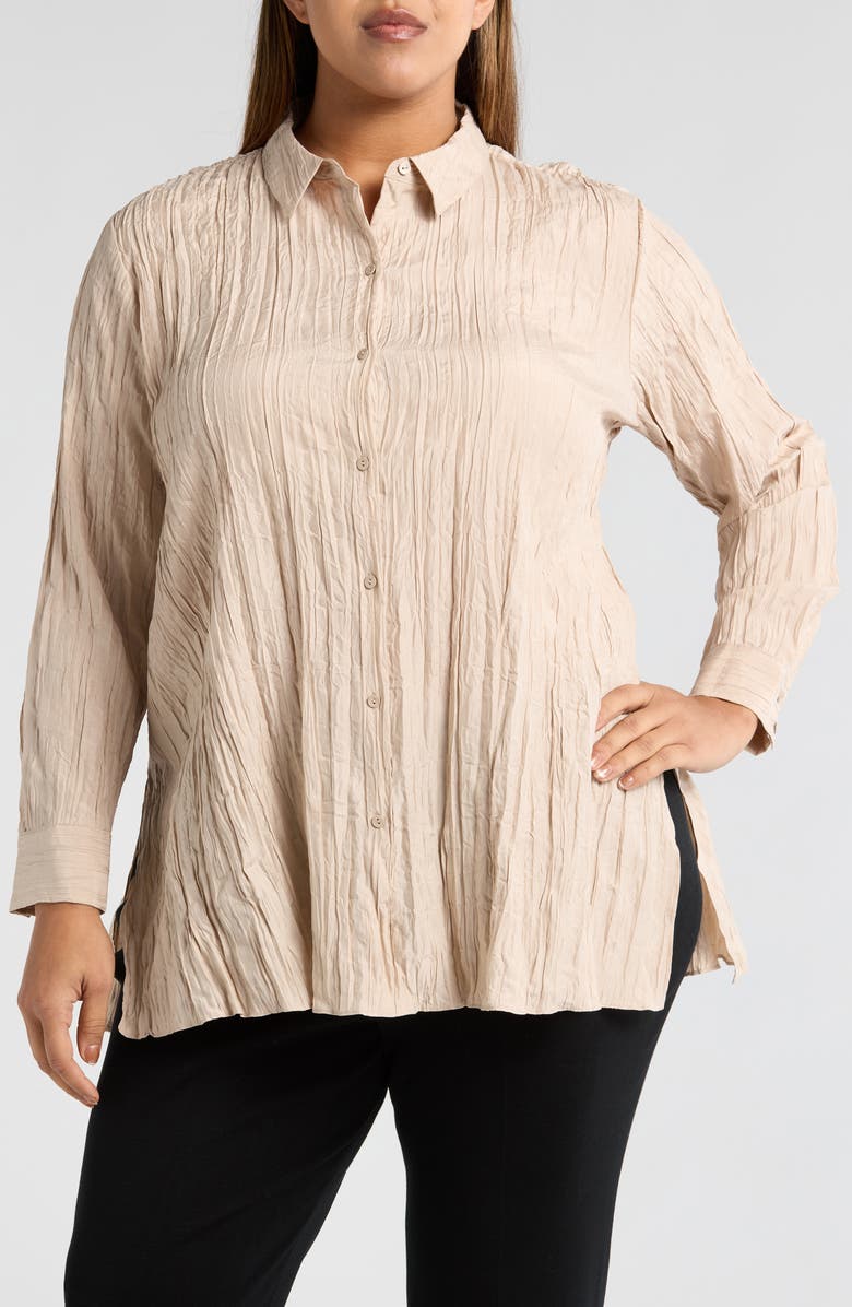 Eileen Fisher Classic Collar Pleated Longline Silk Button-Up Shirt, Main, color, 