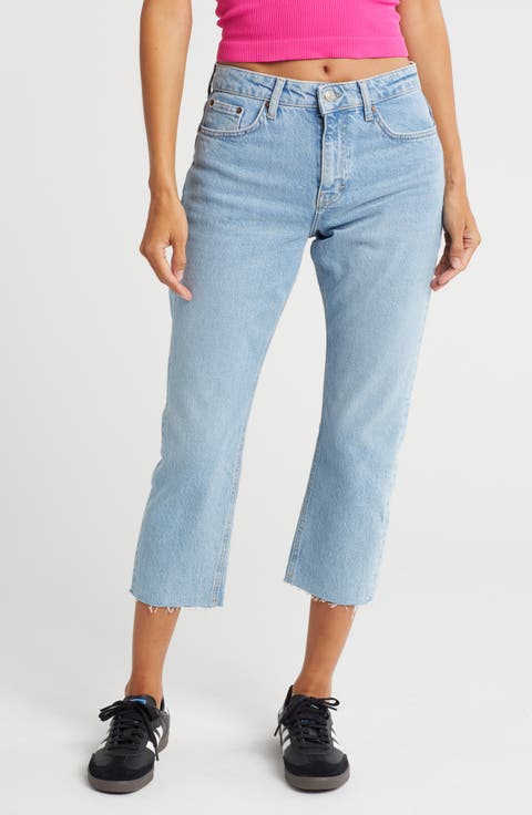 Mid Rise Raw Hem Straight Leg Jeans (Regular, Petite & Long)