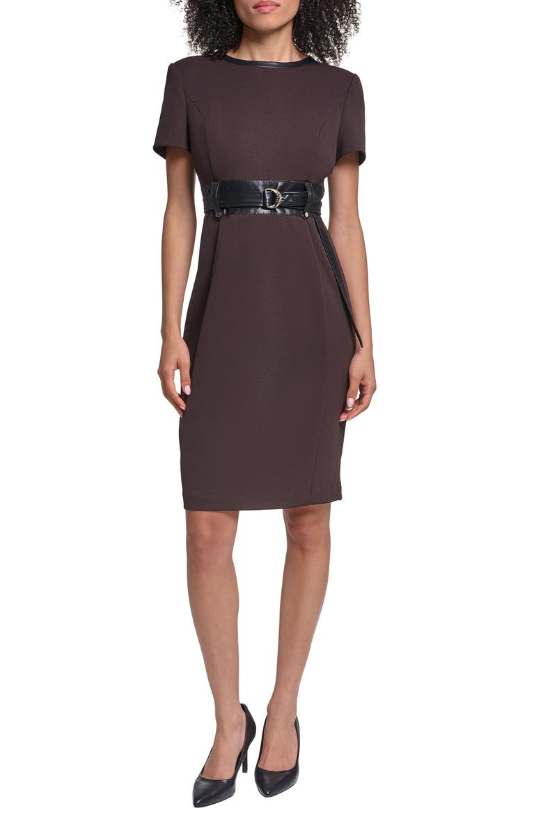Faux Leather Detail Belted Scuba Crepe Sheath Dress, Alternate, color, ESPRESSO/ BLACK
