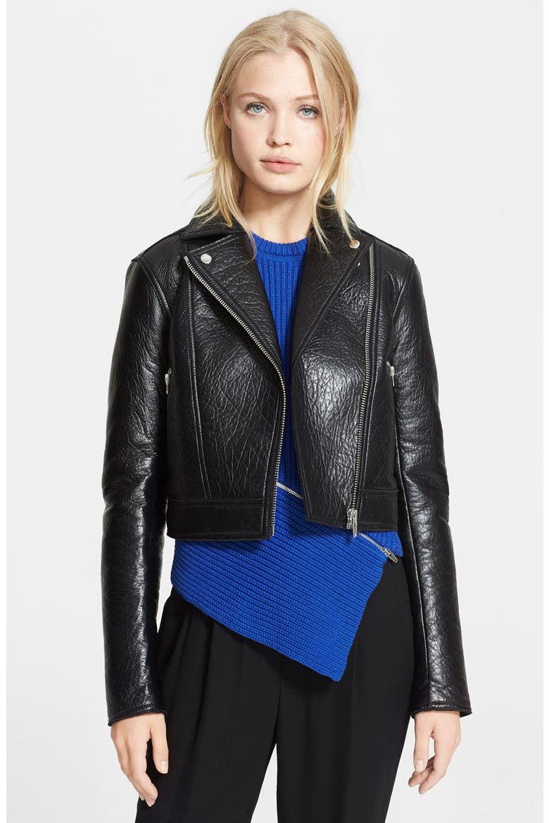 T by Alexander Wang Textured Leather Moto Jacket, Main, color, BLACK