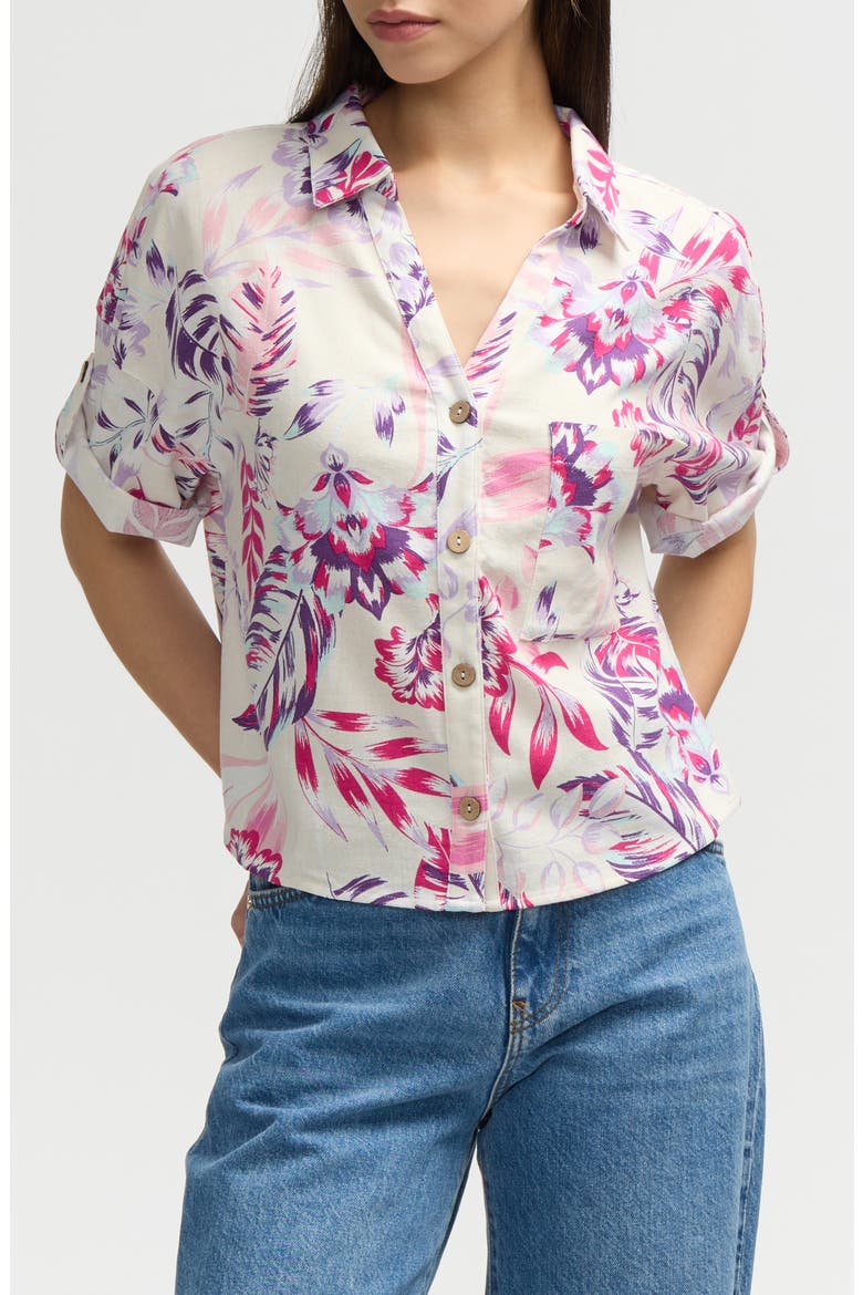 Short Sleeve Crop Button-Up Shirt, Main, color, TROPICAL PINK
