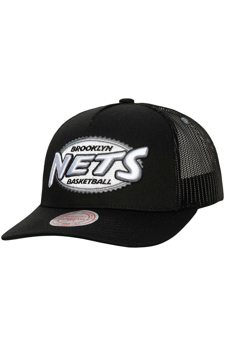 Mitchell & Ness Men's Mitchell & Ness Black Brooklyn Nets Team Seal Trucker Snapback Hat, Main, color,