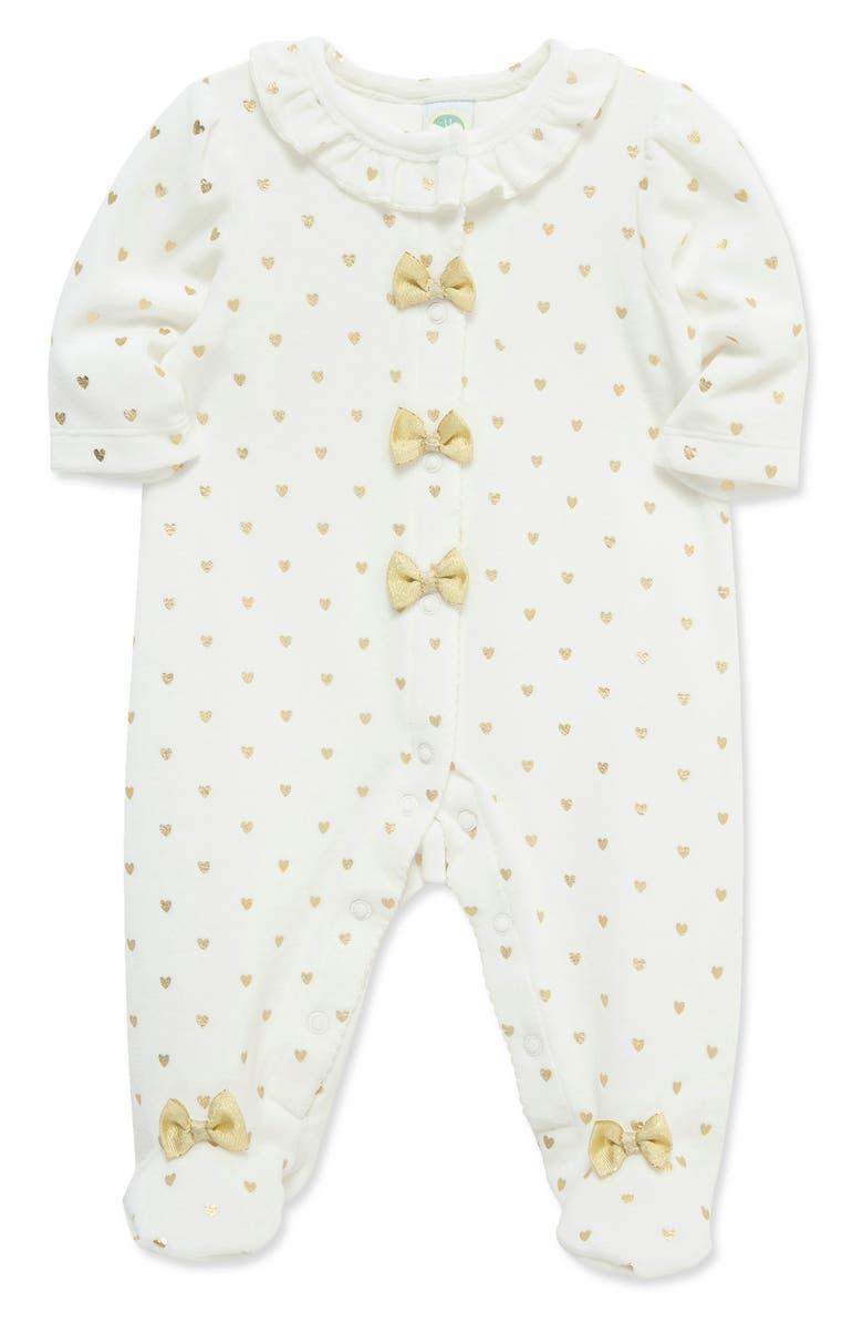 Little Me Gold Hearts Bow Velour Footie, Alternate, color, Ivory