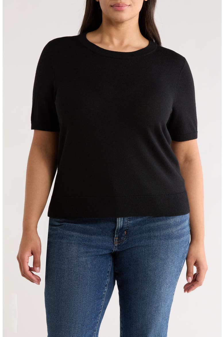 Short Sleeve Merino Wool Blend Sweater, Main, color, BLACK