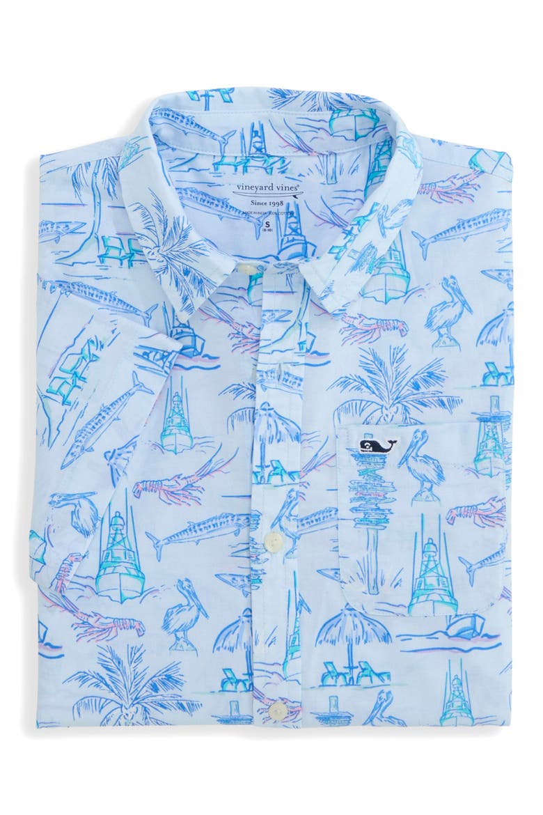 Kids' Key West Scene Print Short Sleeve Cotton Shirt, Alternate, color, ICE WATER