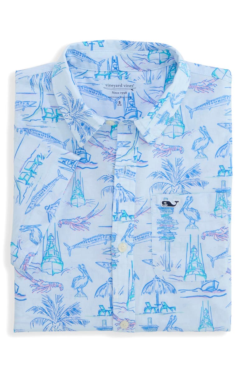 vineyard vines Kids' Key West Scene Print Short Sleeve Cotton Shirt, Alternate, color, Ice Water