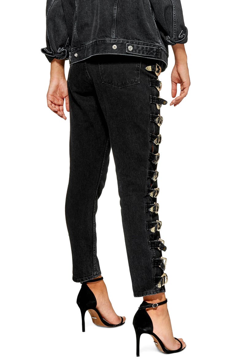 High Waist Side Buckle Mom Jeans, Alternate, color, BLACK