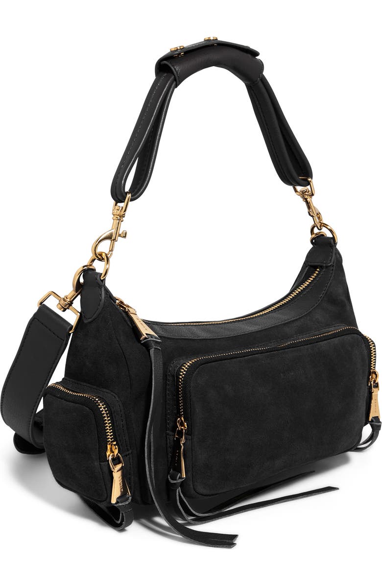AIMEE Away We Go Suede Shoulder Bag, Alternate, color, Black Suede/ Nostalgic Gold