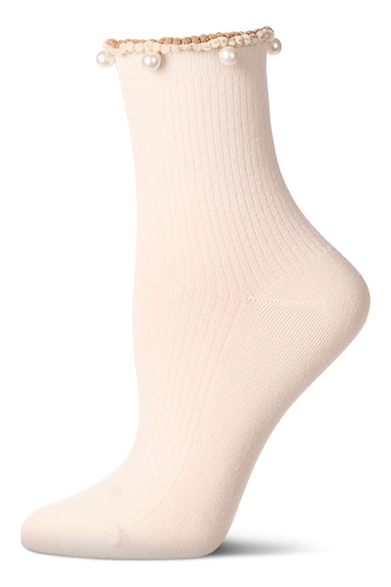 Faux Pearl Lettuce Edge Cotton Blend Crew Socks, Main, color, IVORY