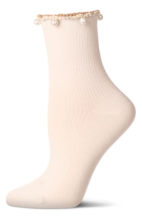 Faux Pearl Lettuce Edge Cotton Blend Crew Socks