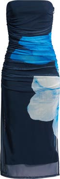 Open Edit Ruched Strapless Mesh Dress