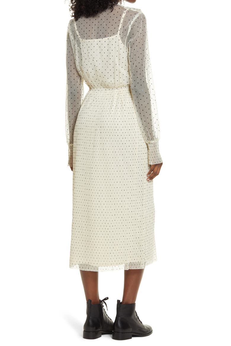 Polka Dot Long Sleeve Ruffle Mesh Midi Dress, Alternate, color, IVORY