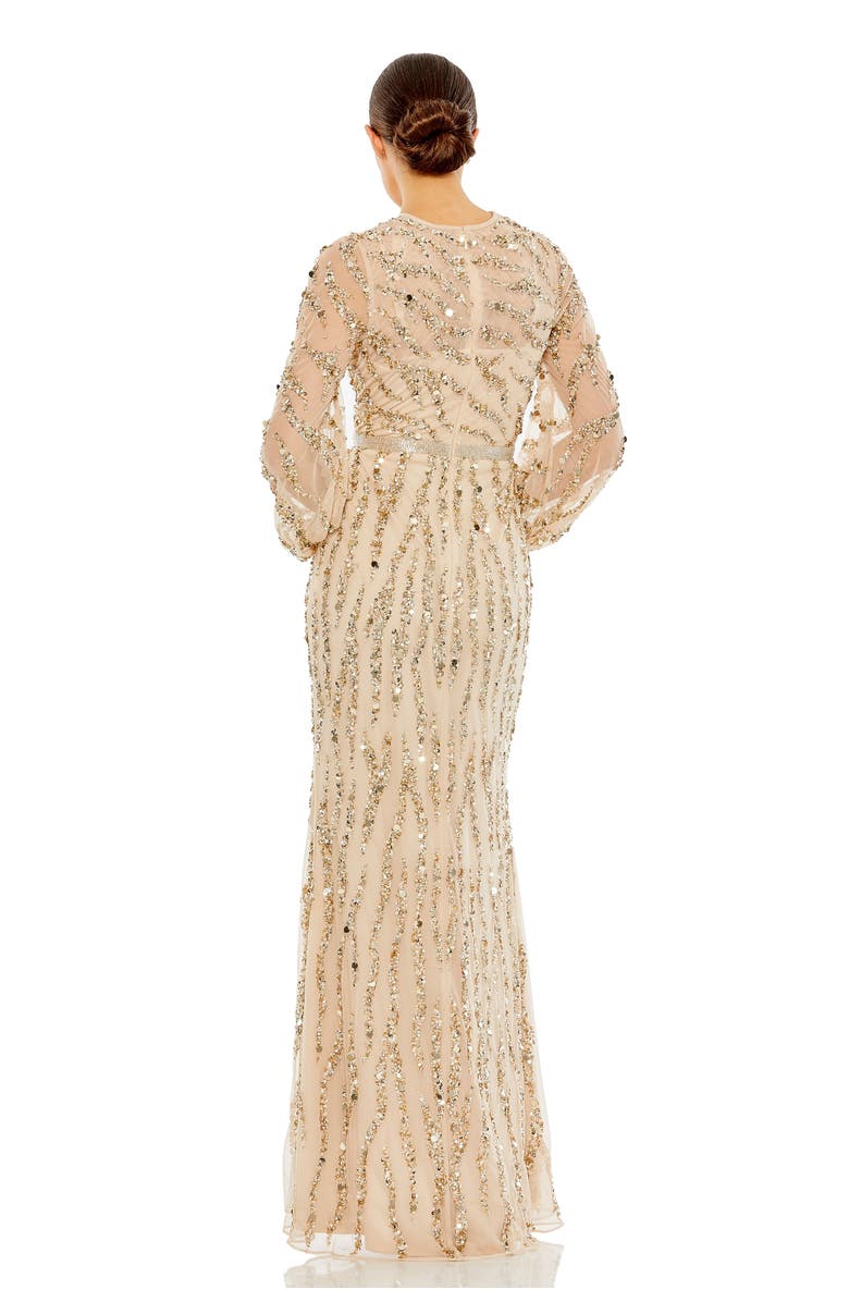Mac Duggal Embellished High Neck Puff Sleeve Trumpet Gown, Alternate, color, Nude Gold