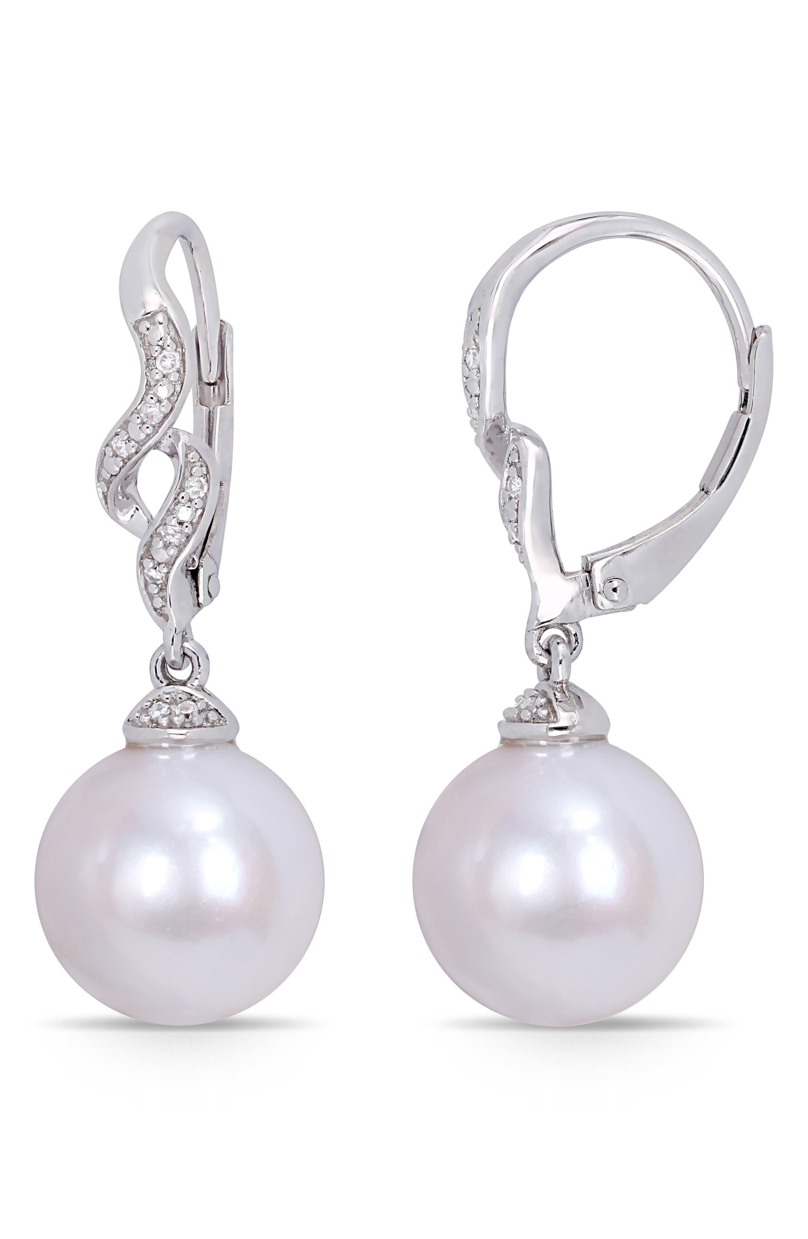 DELMAR Cultured Freshwater Pearl & Diamond Drop Earrings - 0.06ct.