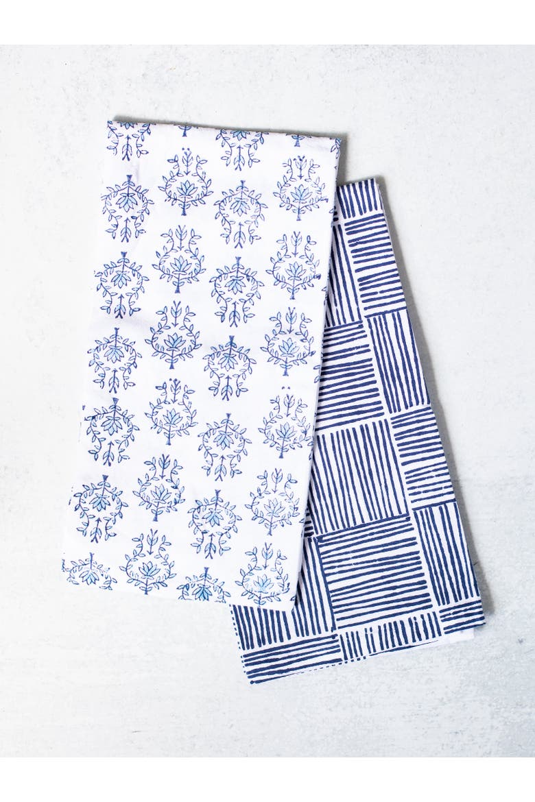 Tea Towel Set - Lotus & Stripe, Alternate, color, Navy