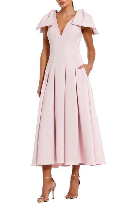 Crepe A Line Midi Dress With Bow Straps