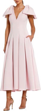 Mac Duggal Crepe A Line Midi Dress With Bow Straps