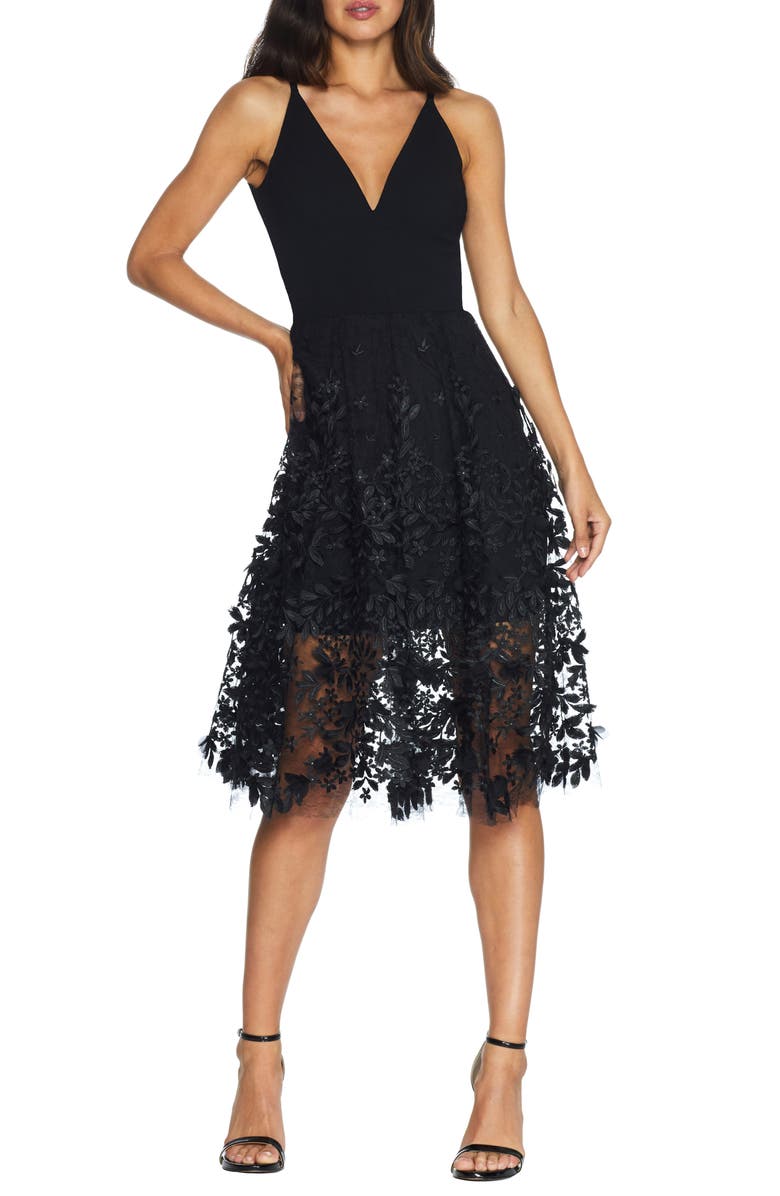 Dress the Population Darleen V-Neck Embroidered Mesh Cocktail Dress, Main, color, Black