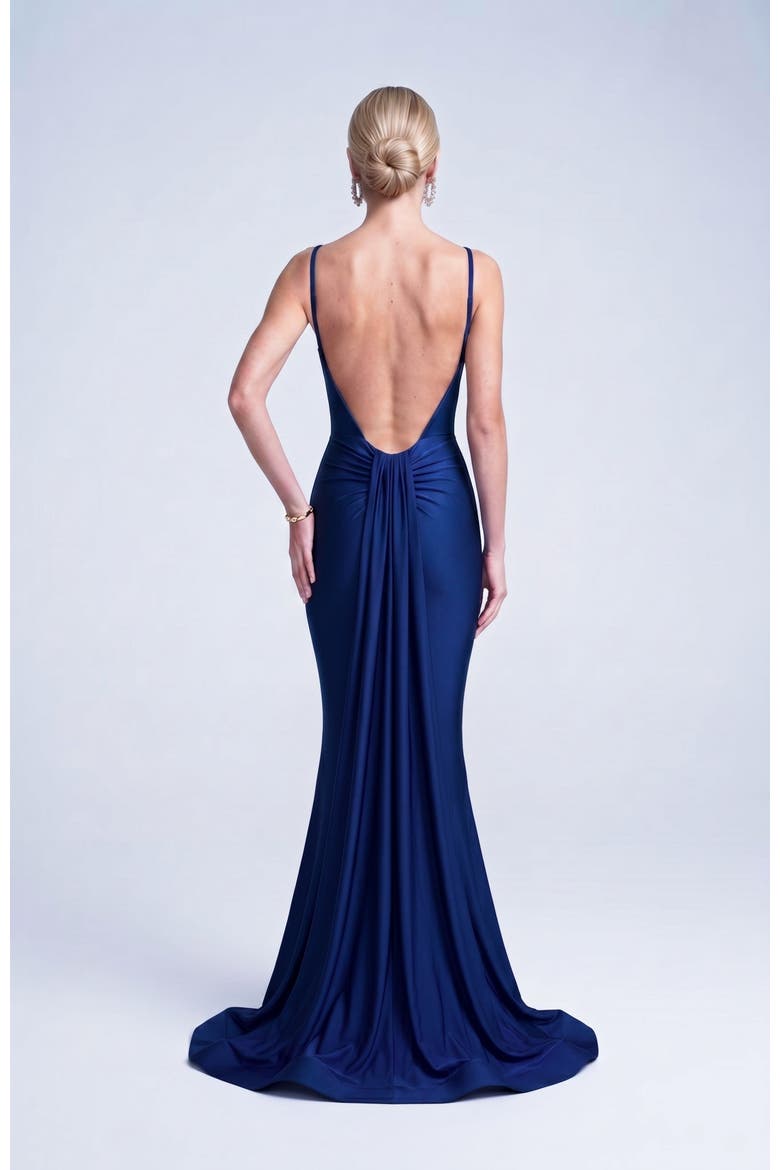 Open Back Pleated Sweetheart Mermaid Gown, Alternate, color, Navy