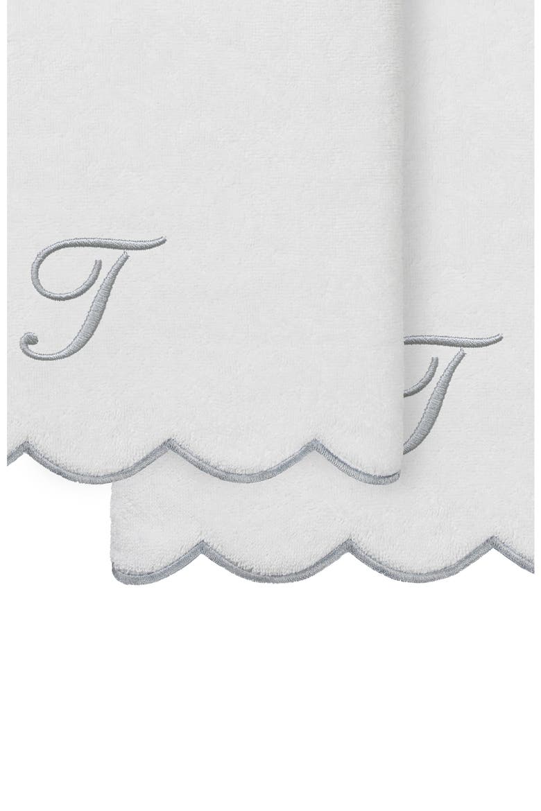 Adornia Scalloped 2-Piece Personalized Bath Towel Set, Alternate, color, WHITE/ GRAY T