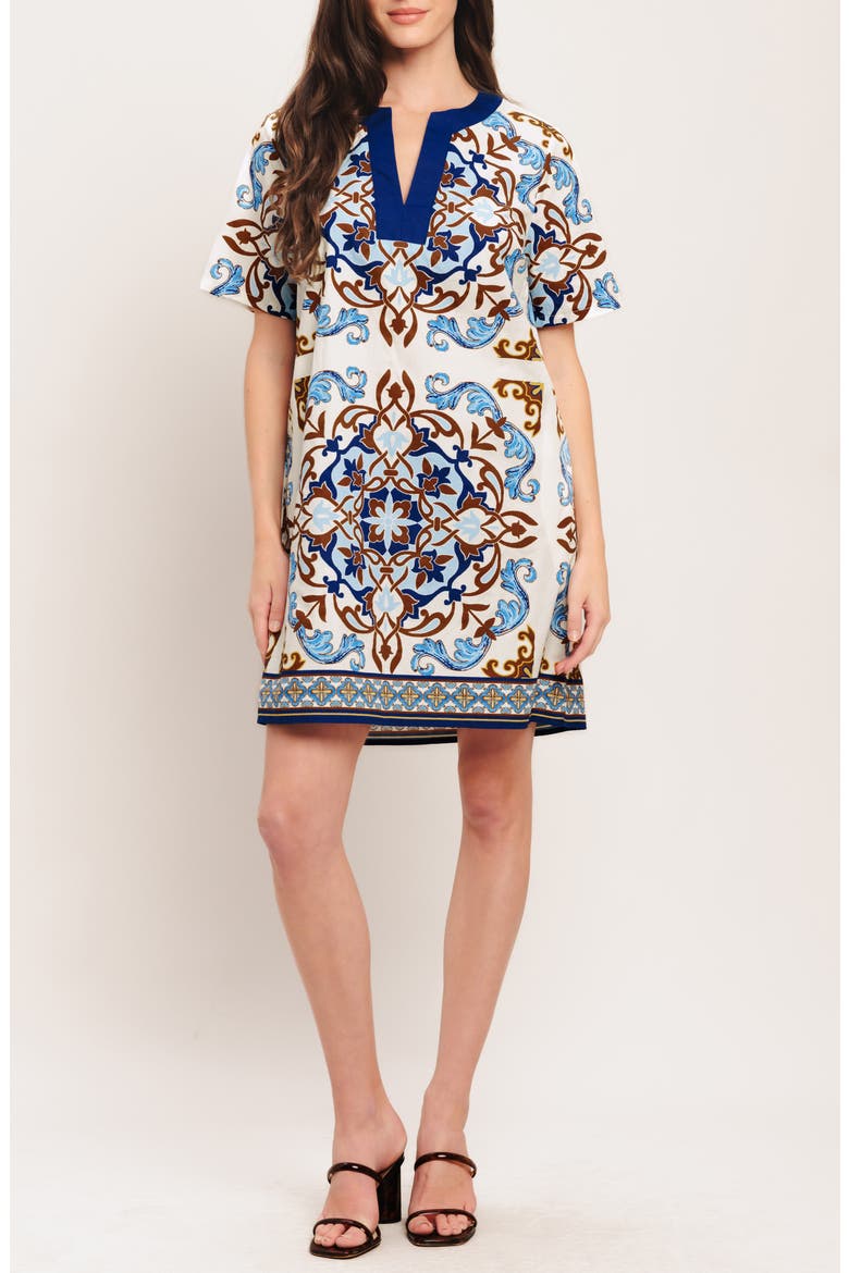Scarf Print Cotton Shift Minidress, Main, color, IVORY BLUE