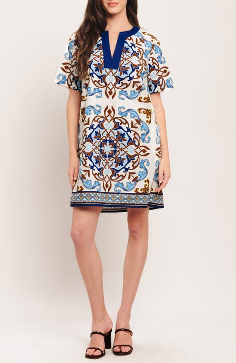 Scarf Print Cotton Shift Minidress