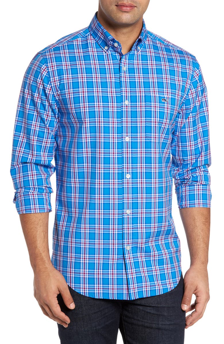 vineyard vines Tucker Chandler Pond Classic Fit Plaid Sport Shirt, Main, color, Hull Blue