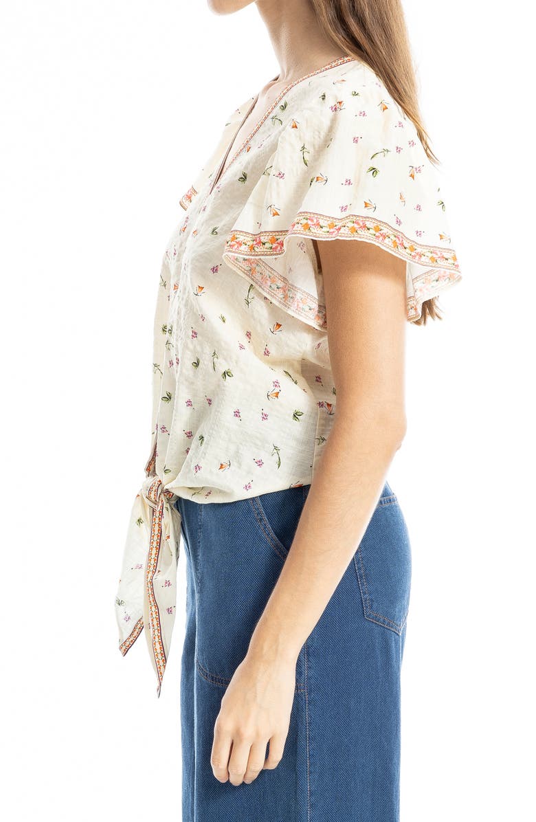 MAX STUDIO Flutter Sleeve Tie Front Shirt, Alternate, color, Ecru/ Orange Botanical Cascade