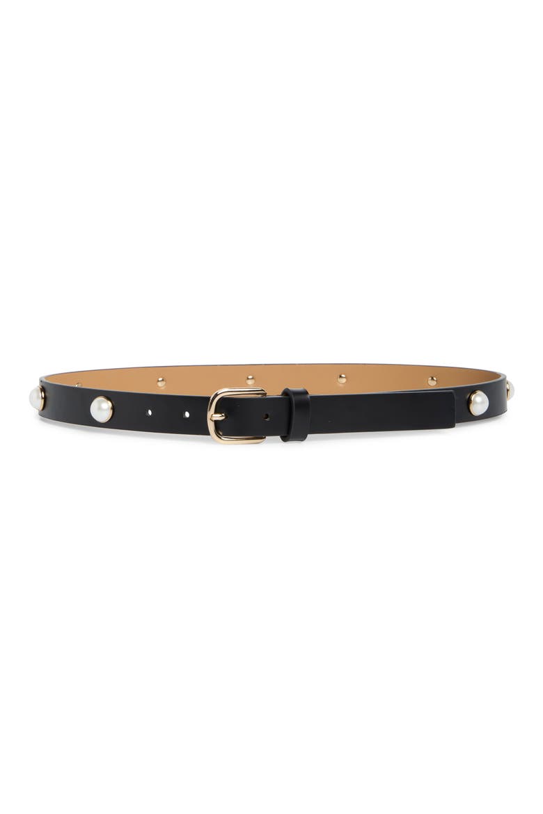 faux-pearl stud leather belt, Main, color, BLACK