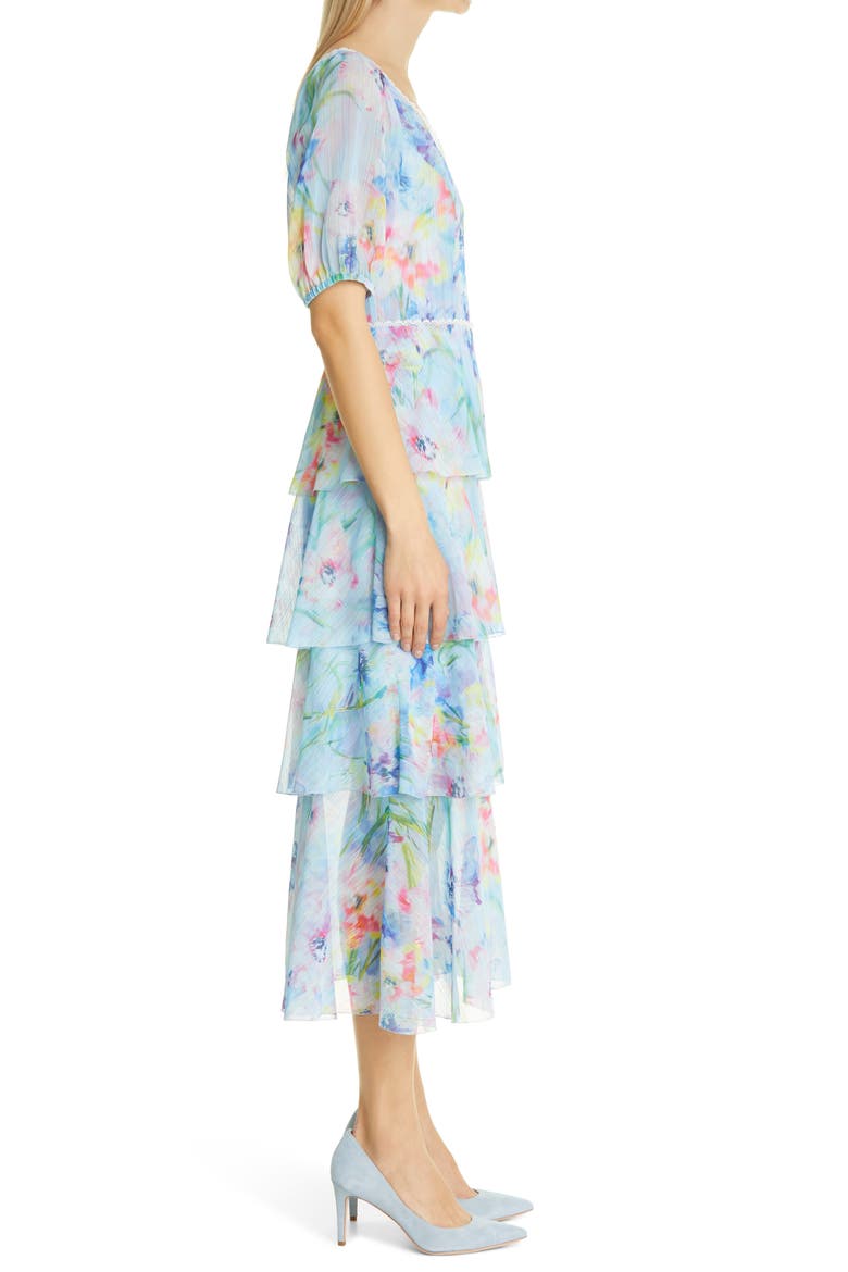Floral Puff Sleeve Tiered Midi Dress, Alternate, color, PERIWINKLE