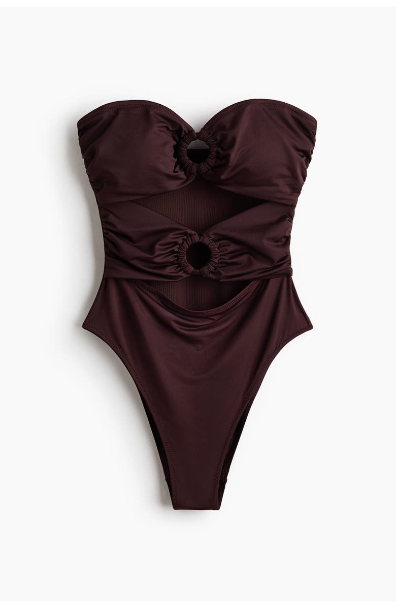 H&M Padded-cup Bandeau Swimsuit, Main, color, Dark Brown