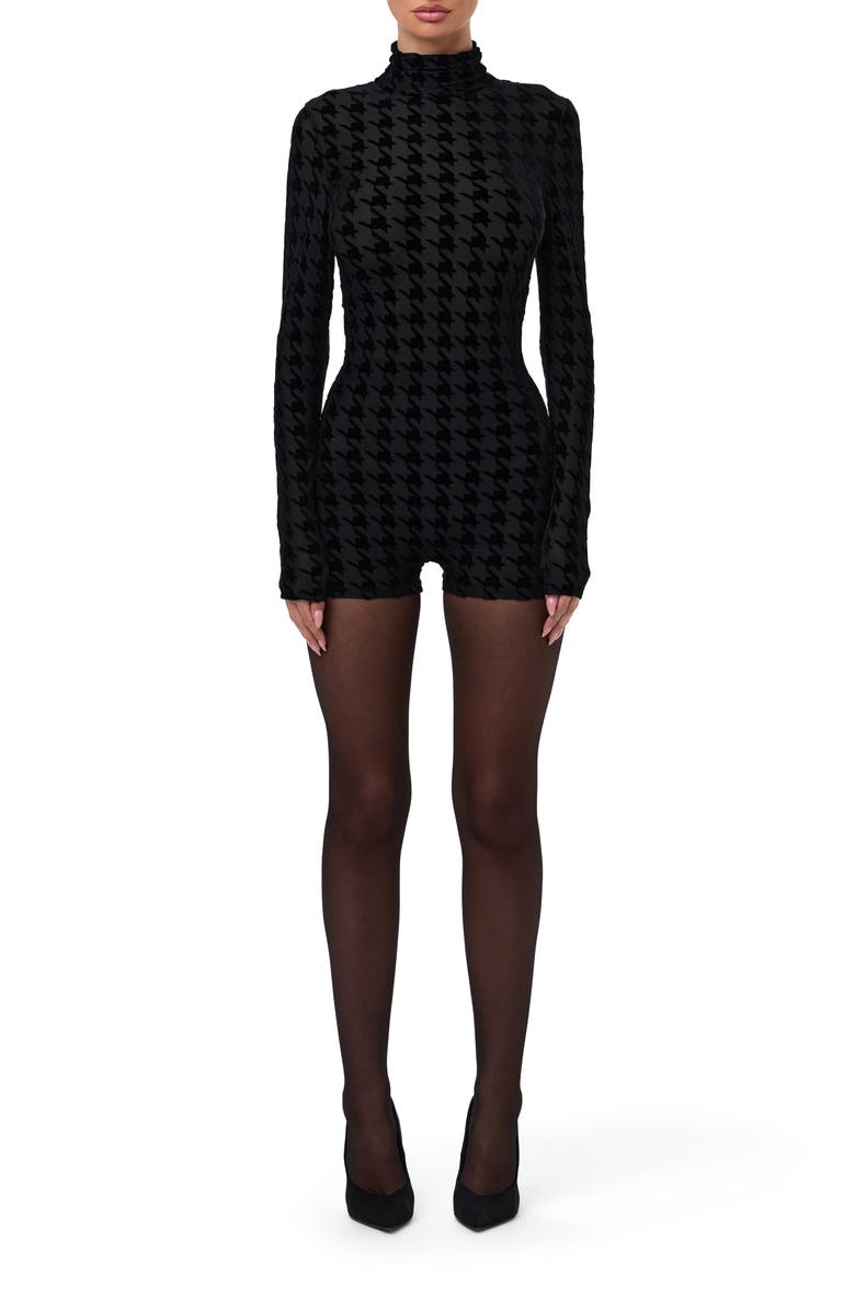 Naked Wardrobe Burnout Mock Neck Long Sleeve Romper, Main, color, Black Houndstooth