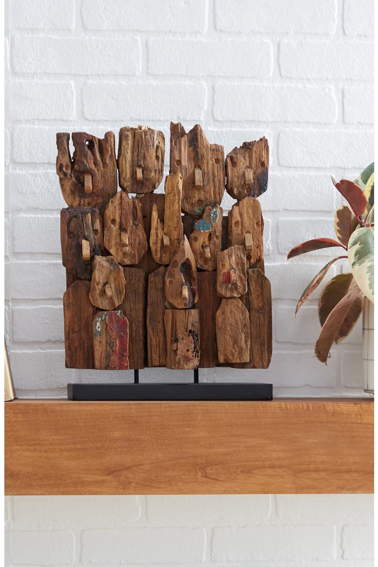 Brown Teakwood Handmade Carved Abstract Sculpture with Faces, Alternate, color, BROWN