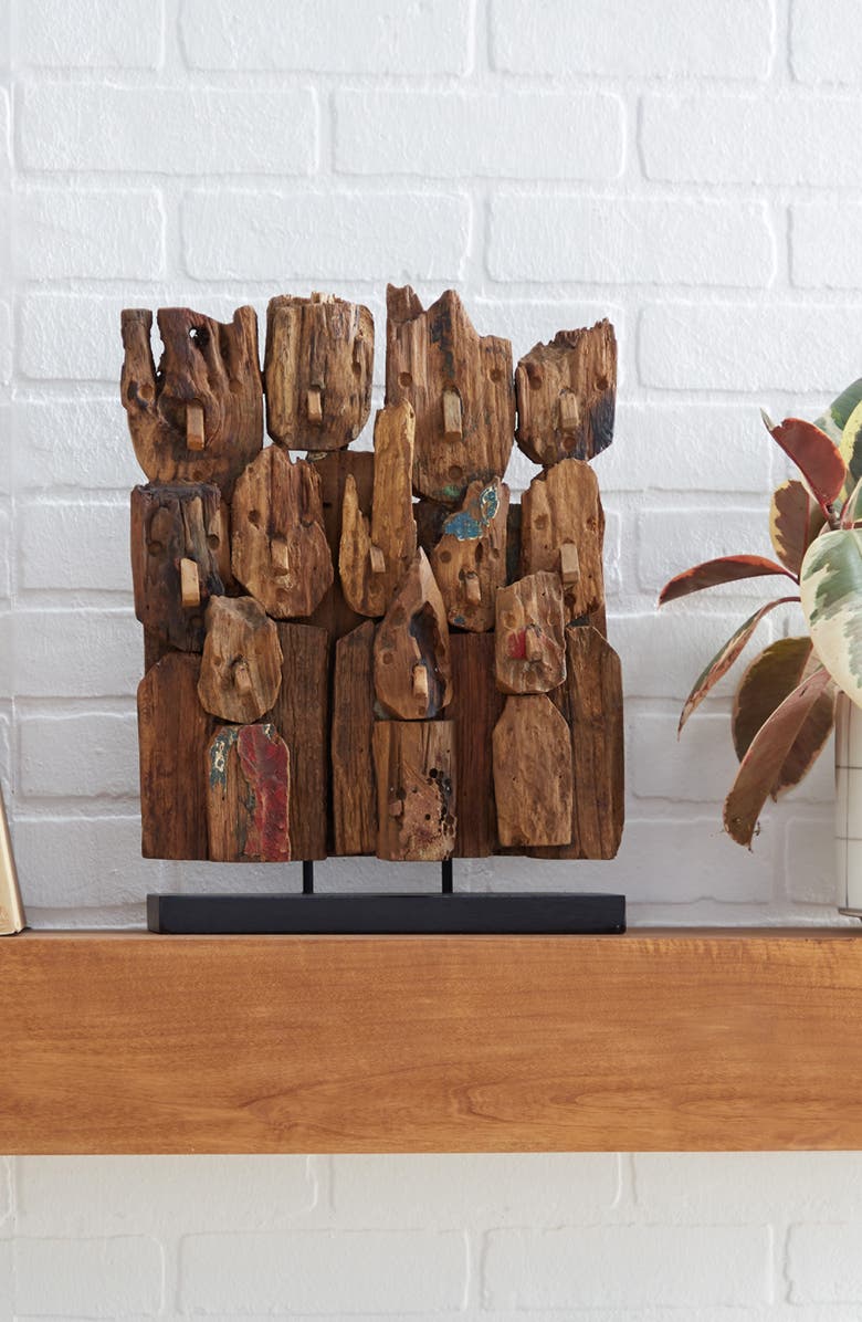 WILLOW ROW Brown Teakwood Handmade Carved Abstract Sculpture with Faces, Alternate, color, Brown