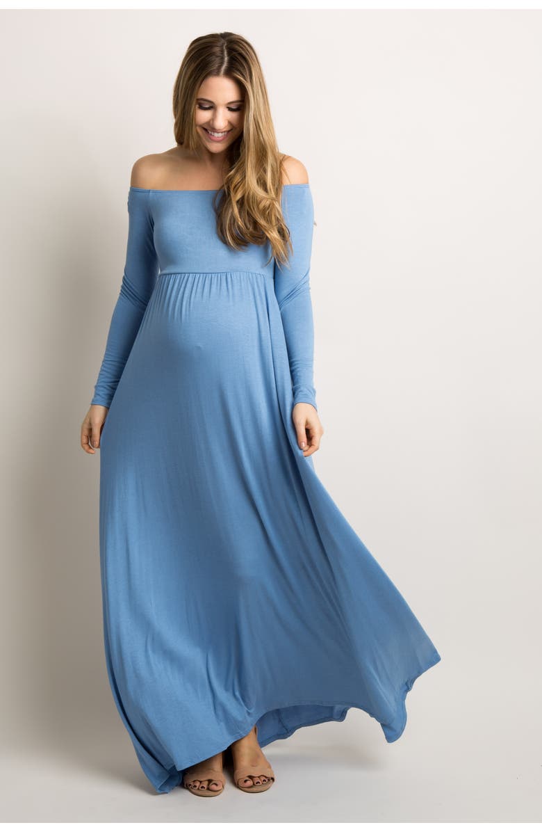 PinkBlush Petite Solid Off Shoulder Maternity Maxi Dress, Alternate, color, Blue