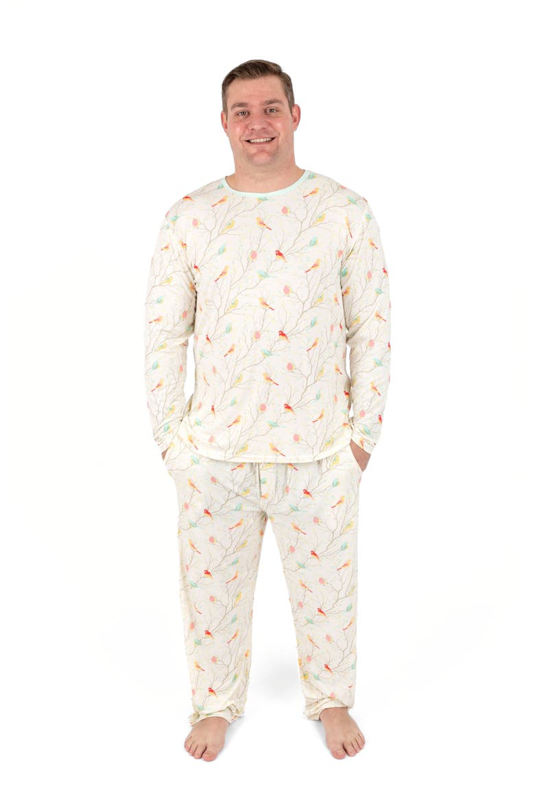 Men's Viscose Matching Family Holiday Pajamas, Reindeer & Polar Bear Prints, Main, color, Birds