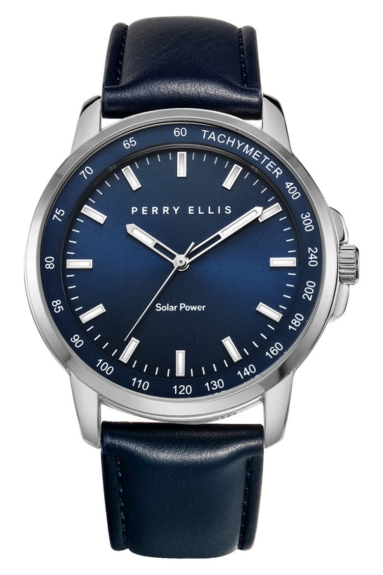 Solar Leather Strap Watch, 41mm, Main, color, SILVER