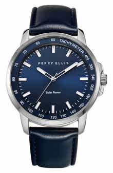 Perry Ellis Solar Leather Strap Watch, 41mm