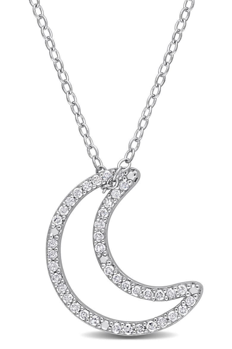 Sterling Silver Diamond Moon Pendant Necklace - 0.20 ctw, Main, color, SILVER