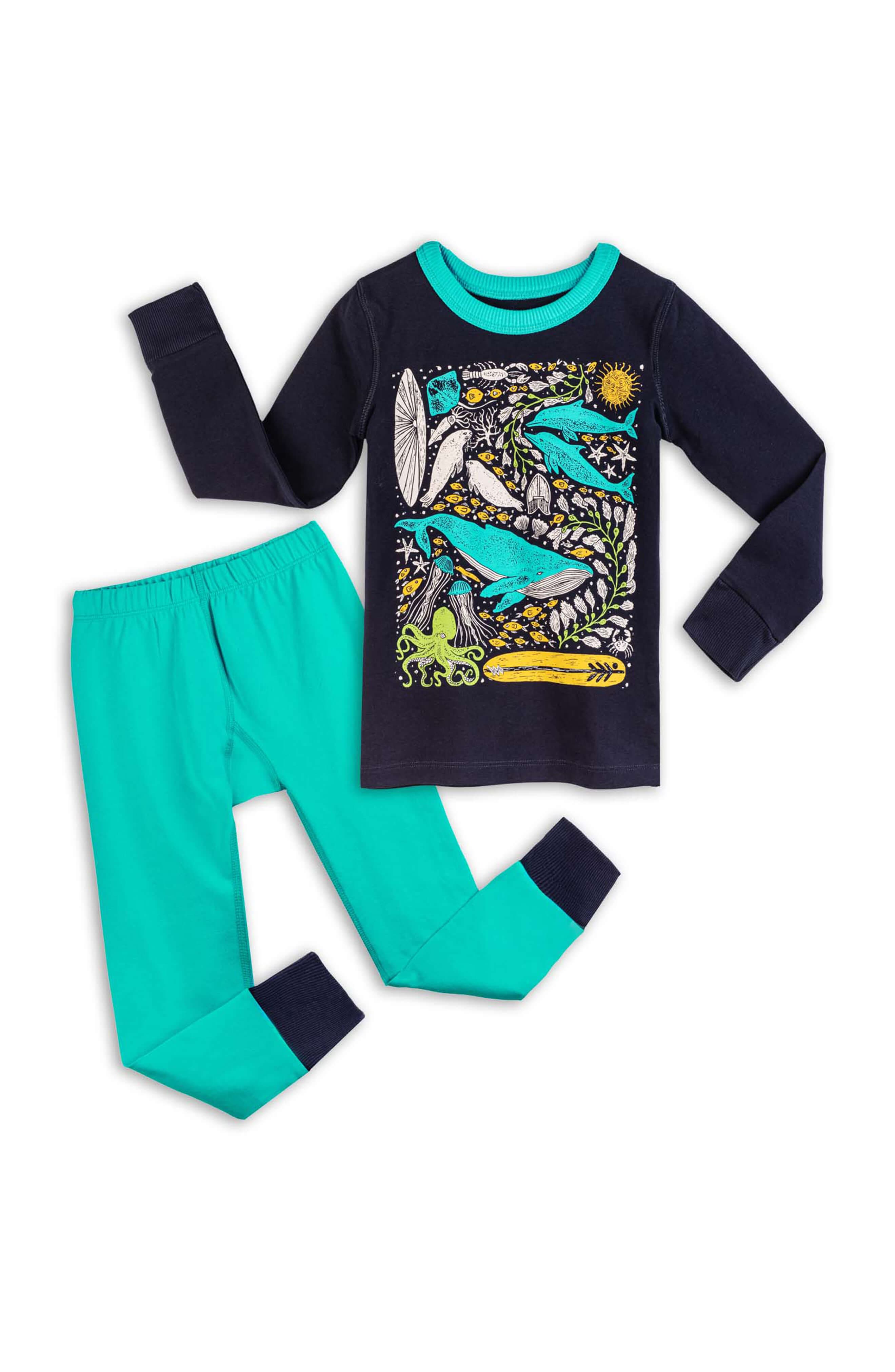 Mightly 100% Organic Cotton Print Long Sleeve Snug Fit Kids Pajamas in Under The Sea 