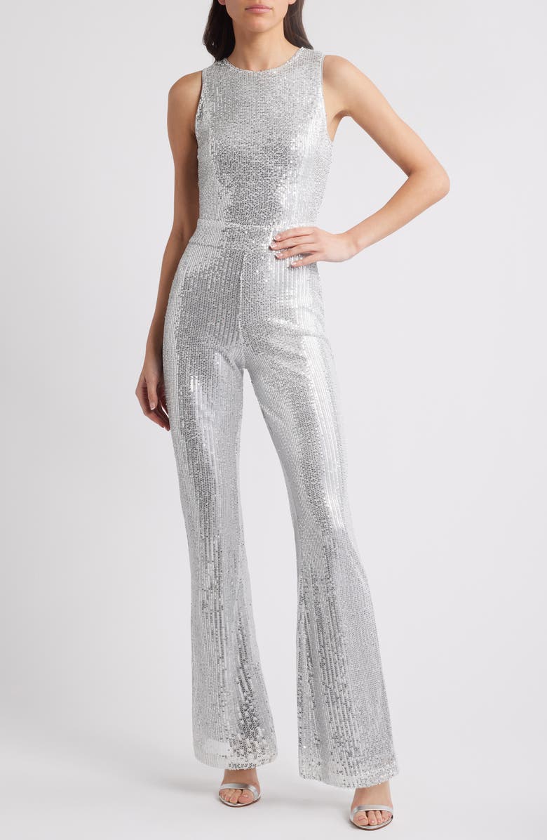 bebe Sequin Straight Leg Jumpsuit, Main, color, 