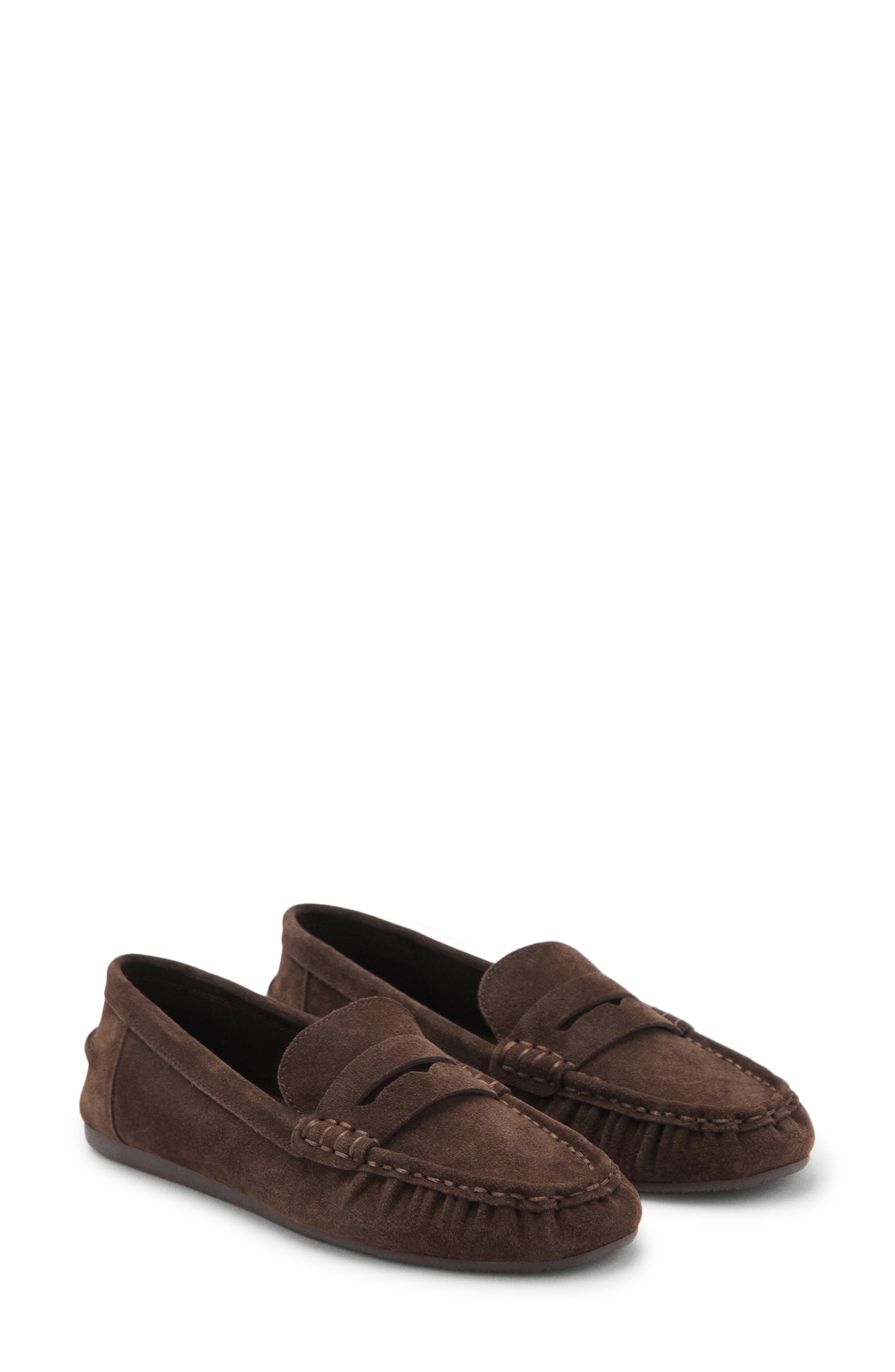 MANGO Suede Penny Loafer, Main, color, Chocolate