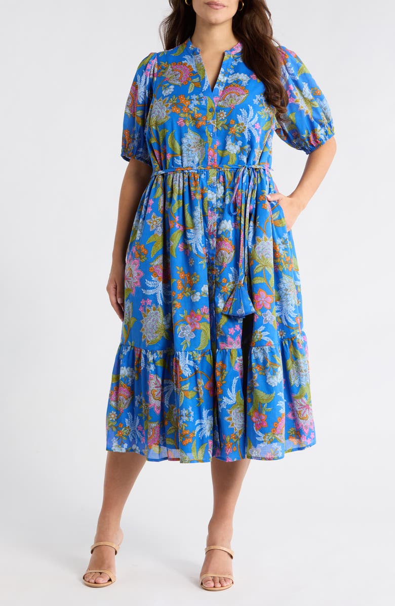 SUGARLIPS Sunlit Floral Beth Button-Up Cotton Midi Dress, Main, color, Cobalt-Multi